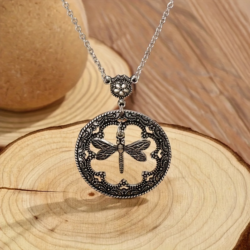 Men's Round Necklace Cutout Round Pendant Necklace Dragonfly Pendant